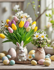 Spring bouquet with bunny and eggs. Spring flowers and Easter decorations. Tulip bouquet and Easter symbols