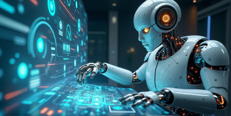 Fototapeta premium A humanoid robot with sleek, futuristic aesthetics, blending smooth metallic exoskeleton components and realistic synthetic skin