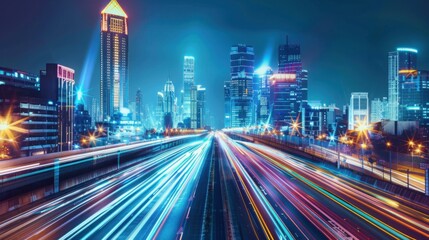 Fototapeta premium Dynamic cityscape with vibrant neon trails of light from moving traffic, highlighting a futuristic skyline and bustling urban energy
