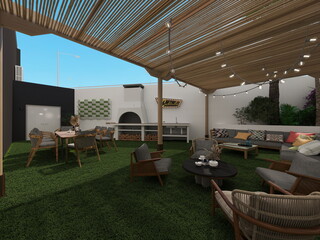 terraza de nave comercial . cocina exterior y zona relax para trabajadores 