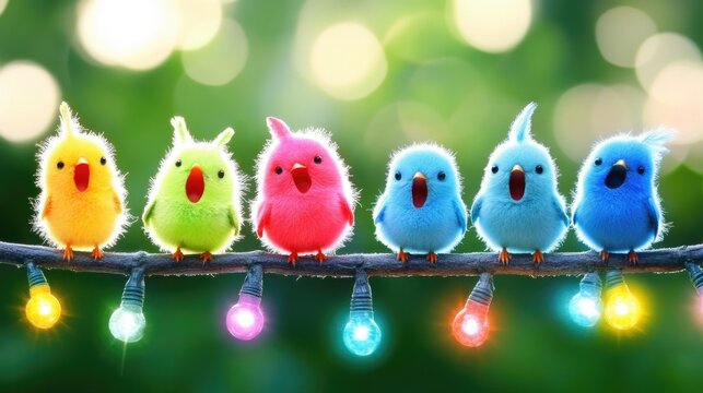 Colorful birds on branch with lights, festive scene, digital art, possible use in greeting cards.