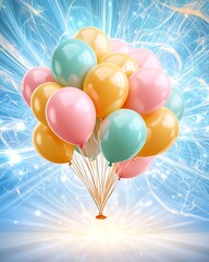 Naklejka premium A Dreamy Scene of Colorful Balloons Floating Against a Sparkling Pastel Background, Perfect for Children’s Celebrations and Joyful Occasions