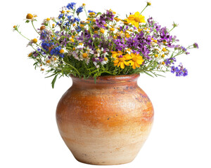 Colorful wildflowers in a rustic clay pot, white isolated background
