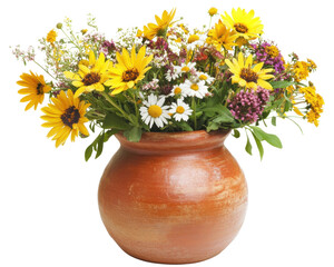 Colorful wildflowers in a rustic pot against a white background.