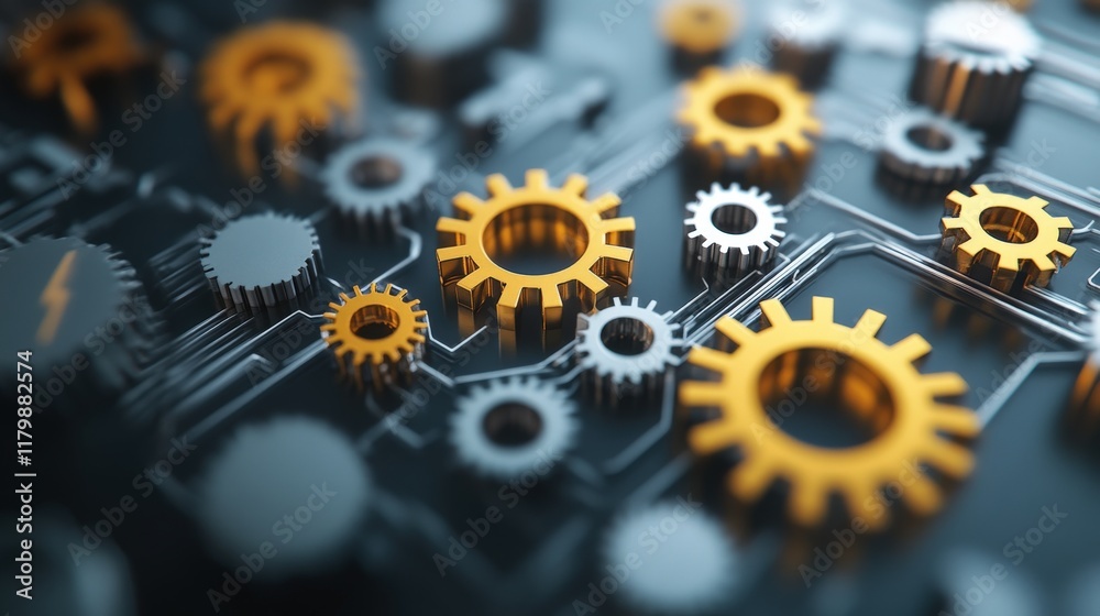 Poster Intricate Close-Up of Metallic Cogs and Gears on a Circuit Board Background with Shiny Gold Accents Showcasing Technology and Innovation in Modern Engineering Design