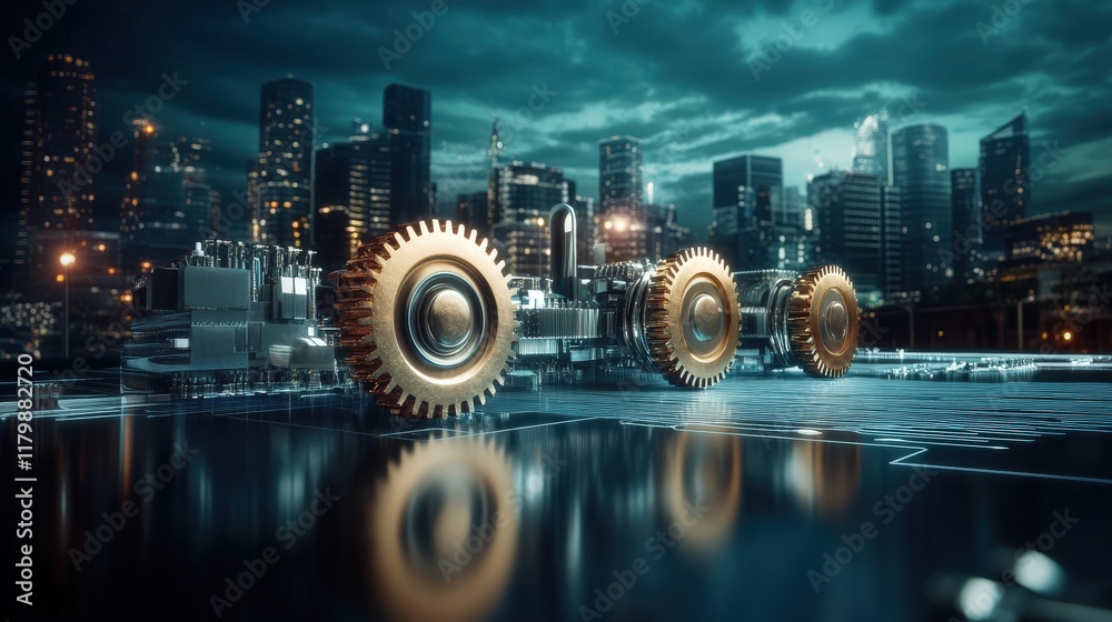 Poster futuristic cityscape with mechanical gears representing technology and innovation in a modern urban 