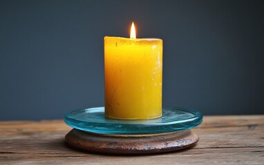 A burning yellow candle stands on a round glass holder atop a wooden surface.