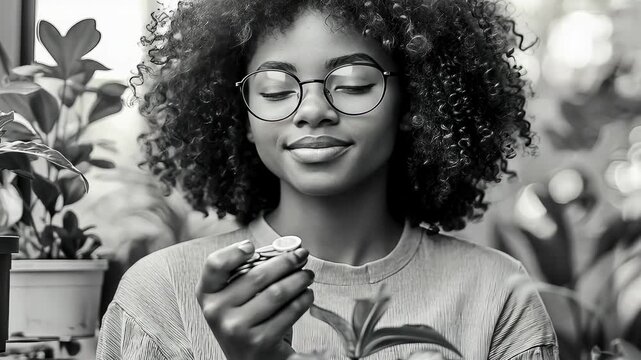 A young Black woman, wearing spectacles and a cozy sweater, gently smells a small flower, evoking a sense of tranquility and connection with nature. Captured in a serene indoor setting with plants.