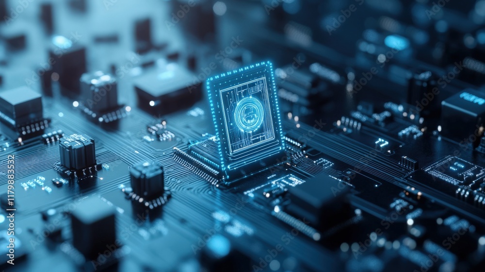Poster Close-Up View of a Futuristic Computer Chip Surrounded by Circuitry in a High-Tech Digital Environment Illuminated by Blue Light