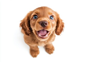 Cocker Spaniel puppy playing, making a funny face, viewed from above on a white background Generative AI