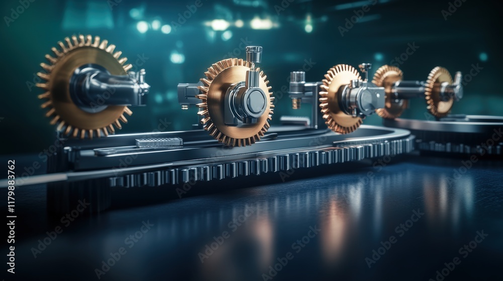 Poster detailed close-up of intricate metallic gears in a modern industrial setting, highlighting precision