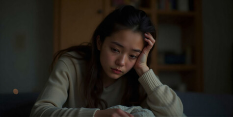 A young woman sitting alone in a dimly lit, cozy indoor space, her posture slumped, face etched with distress and exhaustion