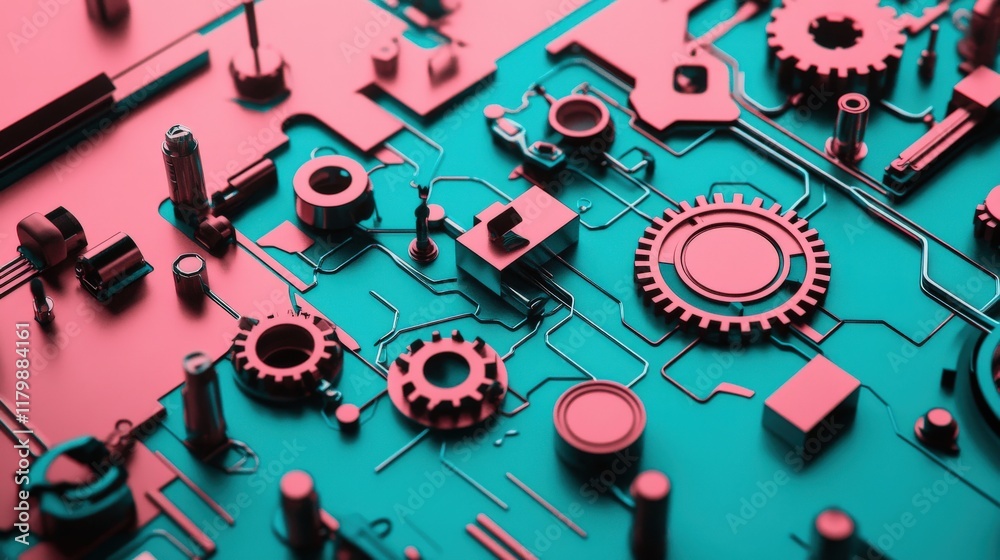 Poster abstract digital circuit board with mechanical gears and electronic components in vibrant pink and t