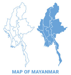 Mayanmar Blue map flat regions border outline vector illustration