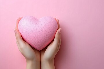 Obraz premium A tender scene of delicate hands presenting a soft pink heart, perfect for Valentine's Day promotions, love-themed designs, or wellness campaigns.