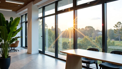 Sparkling new PVC windows with double glazing installed in a modern office, highlighting energy-efficient and noise-reducing benefits of plastic window renovations for a comfortable workspace. new ima