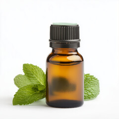 Peppermint essential oil bottle, isolated