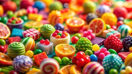 Fototapeta premium Miniature Candy World: Colorful Candies and Fruits in a Tilt-Shift Fantasy