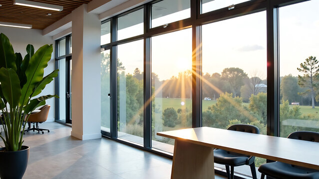 Sparkling new PVC windows with double glazing installed in a modern office, highlighting energy-efficient and noise-reducing benefits of plastic window renovations for a comfortable workspace. new ima