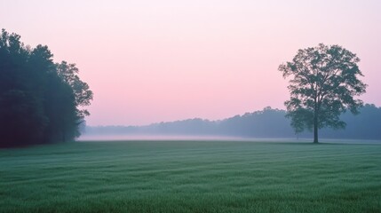 Serene sunrise field, solitary tree, misty morning, rural landscape, calming nature scene