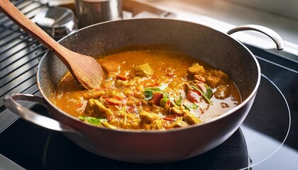 Stiring sauce cooking in a pan in a kitchen 