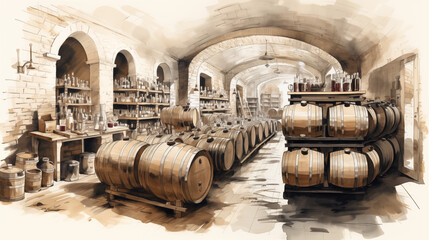 Wine cellar, wine production and storage, hand-drawn sketch style, black and white graphics, without people, for printing