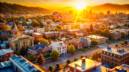 Naklejka premium Miniature Cityscape: West Coast Sunset, Tilt-Shift Photography
