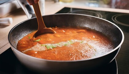Stiring sauce cooking in a pan in a kitchen 