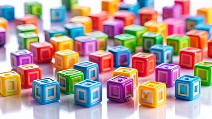 Miniature Colorful Alphabet Cubes Isolated on White Background - Tilt-Shift Photography