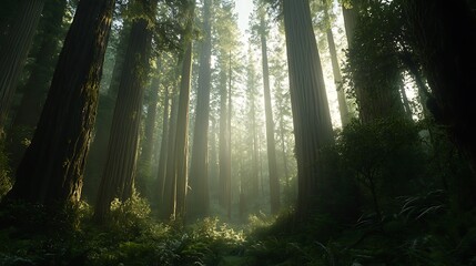 Obraz premium Sunlight streams through tall redwood trees in a misty forest.