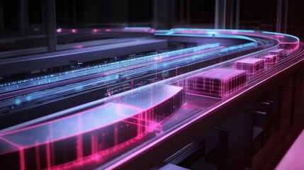 Glowing digital packages are moving on an automated assembly line inside a futuristic, dark factory, representing innovation in manufacturing and logistics