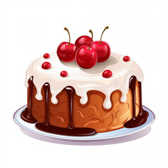 A round cake covered with chocolate icing and topped with white icing, decorated with four cherries and cranberries. Cake on a white platter, and highlighted on a white background, icon, color