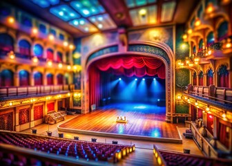 Obraz premium Miniature Colorful Theater Stage Spotlight, Tilt-Shift, Dramatic Lighting