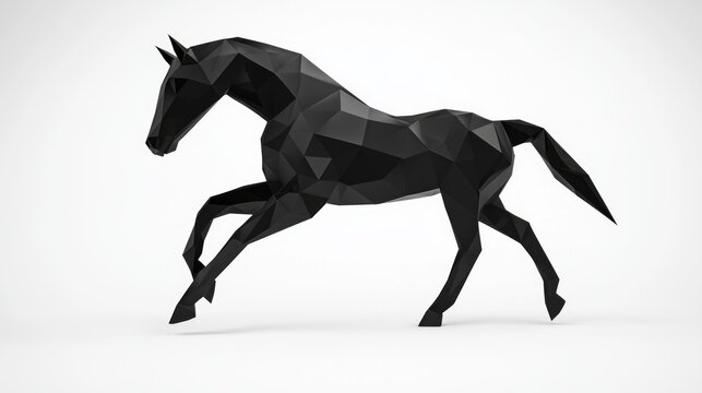 Geometric Elegance: Majestic Low-Poly Horse in Galloping Pose with Ultra-Detailed Black and Gray Polygons Creating Dynamic Cinematic Image
