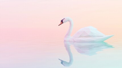 Obraz premium Serene Low-Poly Swan in Pastel Colors Drifting on Still Water with Ultra-Detailed Reflection - Cinematic Minimal Polygon Image