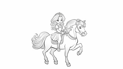Fototapeta premium A princess girl with long, fluffy hair sits on a standing white horse with one front leg raised, cartoon coloring picture, image, sketch, picture, illustration, outline isolated on a white background