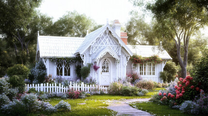 Obraz premium Enchanted Cottage: A picturesque Victorian-style cottage nestled in a lush garden, bathed in sunlight. The intricate details and vibrant flowers create a scene of tranquility and charm. 