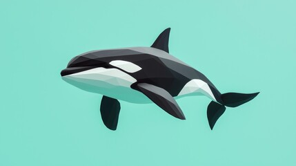 Naklejka premium Majestic Low-Poly Orca Gliding in Minimal Teal Gradient - Ultra-Detailed Black and White Design for Cinematic Concept