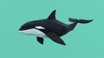Fototapeta premium Dynamic Low-Poly Orca Whale in Monochrome, Teal Gradient Seascape - Ultra-Detailed Abstract Marine Art Piece