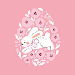 Cute Easter rabbit with spring flowers. Hand drawn white bunny illustration on floral background. Perfect for tee shirt logo, greeting card, poster or nursery print design. EPS 10 vector file.