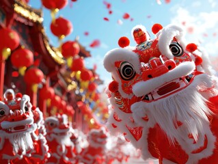 A vibrant celebration featuring a lion dance with red lanterns, symbolizing good fortune and joy in a festive setting.