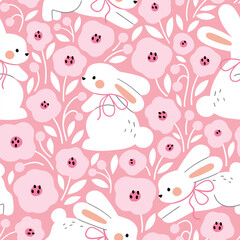 Seamless vector pattern with cute white rabbits. Hand drawn Easter bunny pattern. EPS 10 vector file. Perfect for textile, wallpaper or nursery print design.