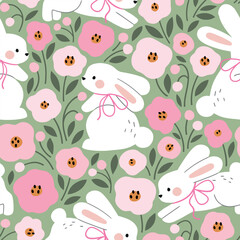 Seamless vector pattern with cute white rabbits. Hand drawn Easter bunny pattern. EPS 10 vector file. Perfect for textile, wallpaper or nursery print design.