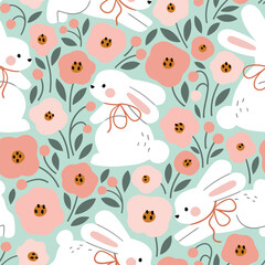 Seamless vector pattern with cute white rabbits. Hand drawn Easter bunny pattern. EPS 10 vector file. Perfect for textile, wallpaper or nursery print design.