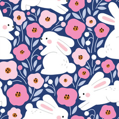 Seamless vector pattern with cute white rabbits. Hand drawn Easter bunny pattern. EPS 10 vector file. Perfect for textile, wallpaper or nursery print design.