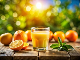 Fototapeta premium Miniature Glass of Orange Juice, Tilt-Shift Photography, Summer Drink