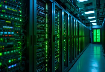 A server room with blinking green and blue LED lights - 02