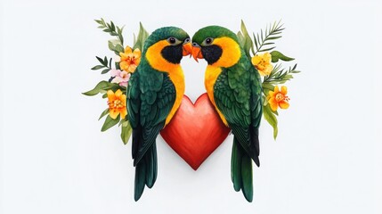Obraz premium Colorful Parrots Sharing a Romantic Connection Surrounded by Tropical Flowers and a Heart Background in a Vibrant and Artistic Style