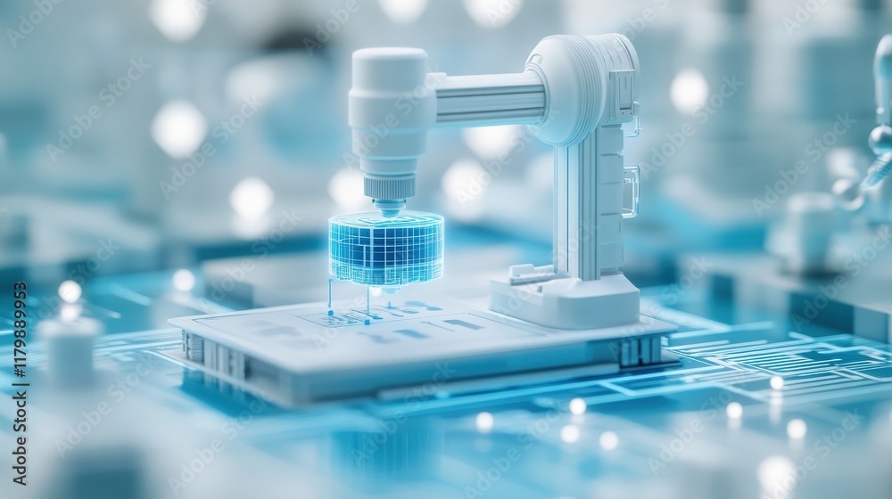Poster Advanced Robotics in Action with a Futuristic 3D Printing Arm Creating a Transparent Data Structure on a Circuit Board Surrounded by Soft Blue Lights