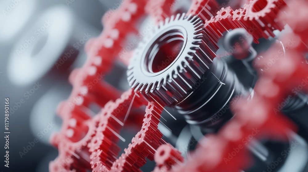 Aufkleber Close-Up of Intricate Interlocking Gears in Red and Silver Colors Representing Collaboration, Innovation, and Machinery in a High-Tech Environment
